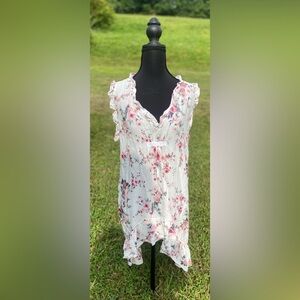 Farm House Frocks Top M Handkerchief Hem Boho Floral Sheer Oversized